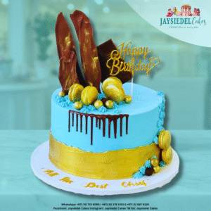 Blue and Gold Macaron Drip Cake